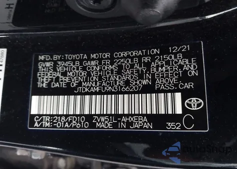 2022 Toyota Prius Le z USA, uszkodzony, nr VIN JTDKAMFU9N3166207